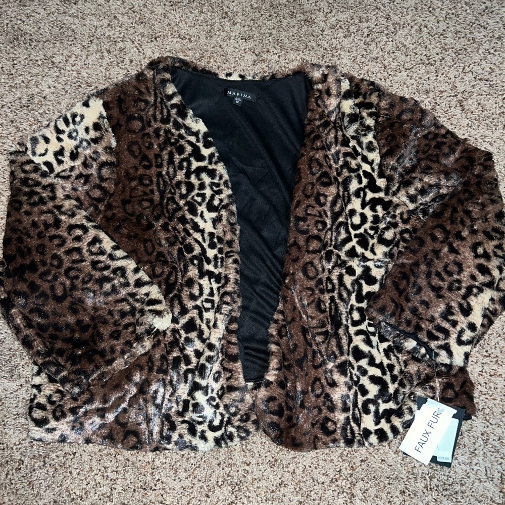 NWT Marina Womens Faux Fur Leopard Print Short Coat Jacket Size 1X